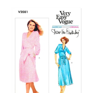 May include: A vintage sewing pattern from Very Easy Vogue, featuring two dress designs. One dress is a long-sleeved, wrap-style dress in pink. The other is a blue wrap dress with short sleeves. The pattern is designed by Diane Von Furstenberg.