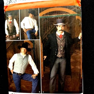 May include: Simplicity sewing pattern 2890 featuring a cowboy costume. The pattern includes images of a man in a black coat, vest, and hat, and other cowboy-themed outfits. The pattern size is BB 46,48,50,52.