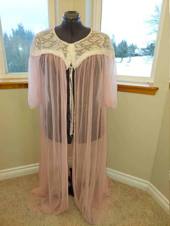 1970s Sheer Pink Gown Lace Neckline - image 3