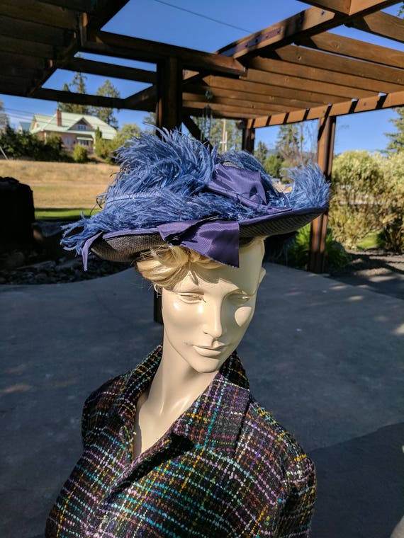 Edwardian Blue Linen Hat with Ostrich Feathers
