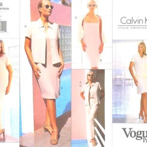 May include: A Vogue Patterns sewing pattern featuring Calvin Klein designs. The image showcases various light-colored outfits, including dresses, skirts, and pantsuits. The pattern number is 1786, with sizes 6-8-10. The Calvin Klein and Vogue Patterns logos are visible.