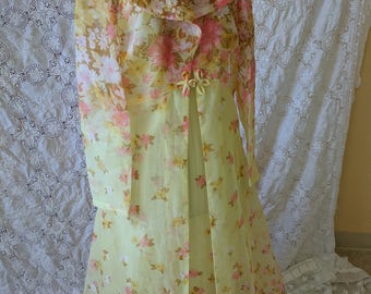 1960s Yellow Floral Long Gown and Coat Set Size 8