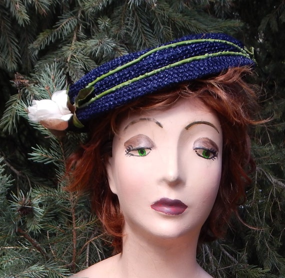 1950s Florentine Blue Cartwheel Hat with Green Pip