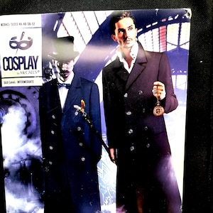 May include: Cosplay by McCall's sewing pattern featuring two men in vintage-style coats. The pattern includes sizes 46-48-50-52. The skill level is intermediate. The image shows a man in a dark blue coat with a top hat and another in a black coat.