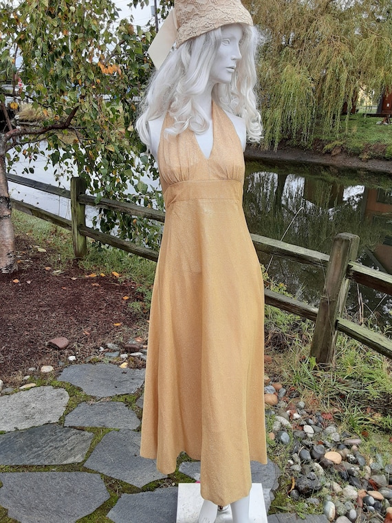 1960s Gold Lame Empire Waist Halter Dress Size 4