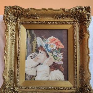 Vintage 'Das Mädchen mit Hut' Gobelin original Wiehler mit barockem Rahmen
