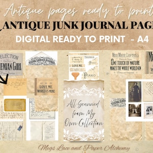 May include: A collection of digital antique junk journal pages ready to print. The image showcases vintage ephemera such as sheet music, handwritten letters, and old photographs. Text includes "Antique Junk Journal Pages" and "Digital Ready to Print - A4".