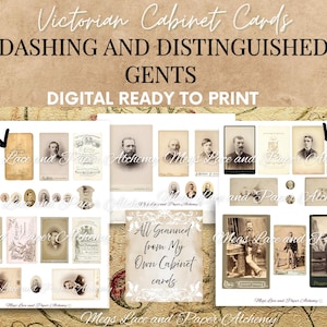 May include: A digital print featuring a collection of Victorian cabinet cards with portraits of distinguished gentlemen. The cards are in sepia tones, with various sizes and designs. Text at the top reads "Victorian Cabinet Cards, Dashing and Distinguished Gents, Digital Ready to Print."