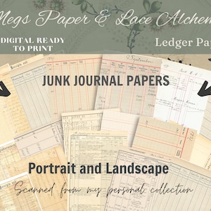 May include: A collection of A4 digital ledger papers featuring vintage accounting forms with grid lines, columns, and handwritten text in various shades of beige, cream, and white, labelled as Junk Journal Papers for printing.