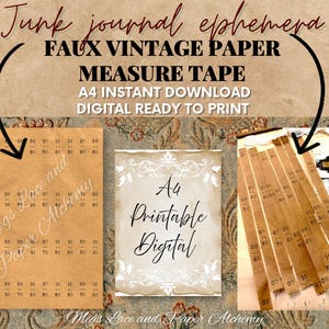 May include: Digital junk journal ephemera featuring faux vintage paper measure tape. Includes A4 instant download files with printed numbers on brown paper strips. Text reads: Junk journal ephemera, FAUX VINTAGE PAPER MEASURE TAPE, A4 INSTANT DOWNLOAD, DIGITAL READY TO PRINT, A4 Printable Digital, Megs Lace and Paper Alchemy.