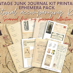 May include: A vintage junk journal kit printable ephemera pack featuring various aged paper sheets, including lined stationery with text, black and white photographs, musical scores titled MEMORIES, and antique document replicas with floral illustrations.
