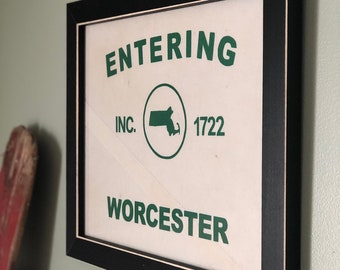 ENTERING WORCESTER framed wall art with retired sailcloth