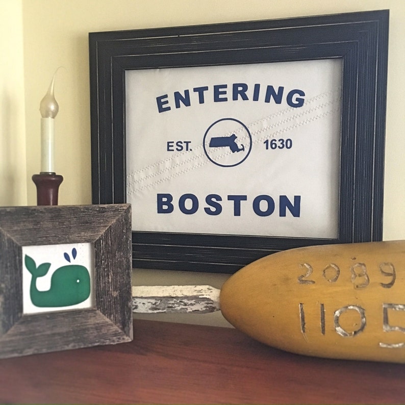 ENTERING BOSTON framed wall art with retired sailcloth Blue