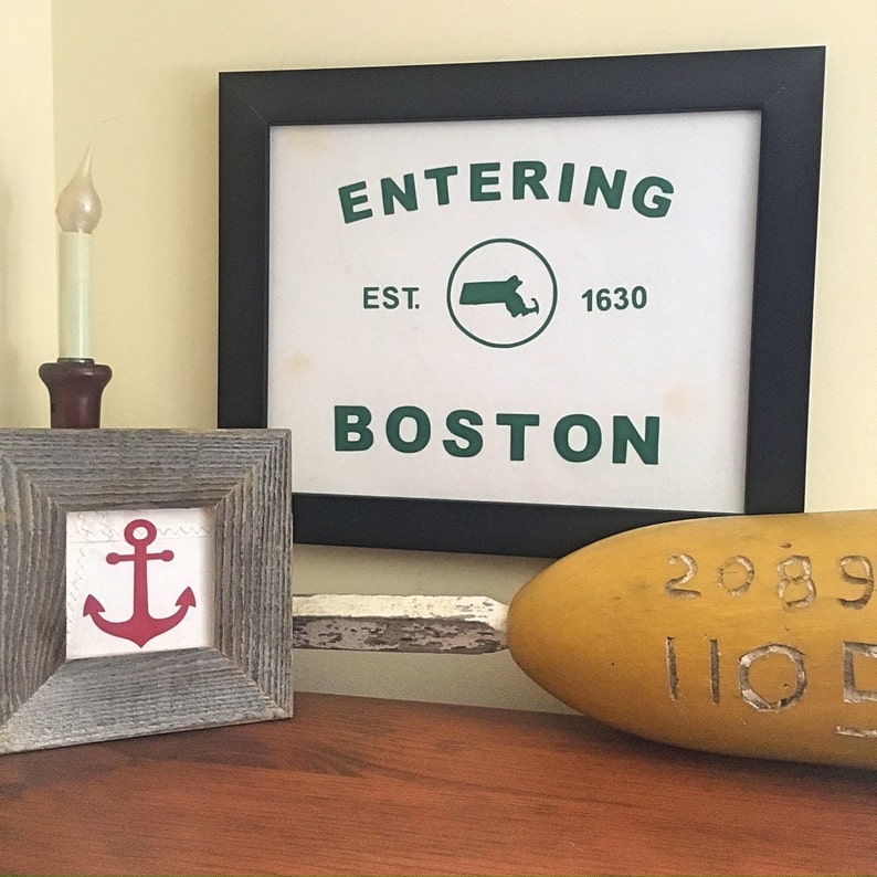 ENTERING BOSTON framed wall art with retired sailcloth Green