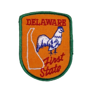 May include: An orange and green embroidered patch with the text "DELAWARE First State" and a white rooster with blue accents standing on a white outline of the state of Delaware.