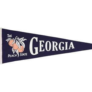 Può includere: Un gagliardetto blu navy con testo bianco e illustrazioni di pesche. Il gagliardetto recita "THE PEACH STATE GEORGIA". Il gagliardetto ha finiture bianche e nastri blu navy attaccati sul lato sinistro.