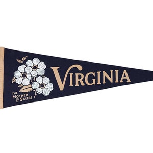 Könnte beinhalten: Ein blauer Wimpel mit dem Wort "VIRGINIA" in braunem Text. Der Wimpel hat einen braunen Rand und weiße Blumen mit grünen Blättern. Der Text "THE MOTHER OF STATES" ist in brauner Farbe unter den Blumen gedruckt.