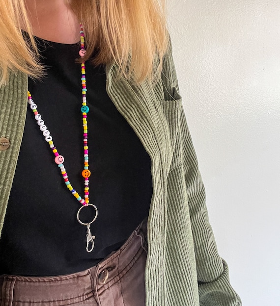 Custom Colorful Beaded Lanyard with Pearl and Smiley Face Beads - Teacher Lanyard, Nurse Lanyard