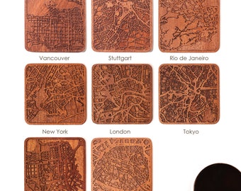 Ensemble de 4 à 24 sous-verres plan de la ville, 160 villes du monde en option, idées cadeaux uniques en bois ensemble cadeau carré art design fait main