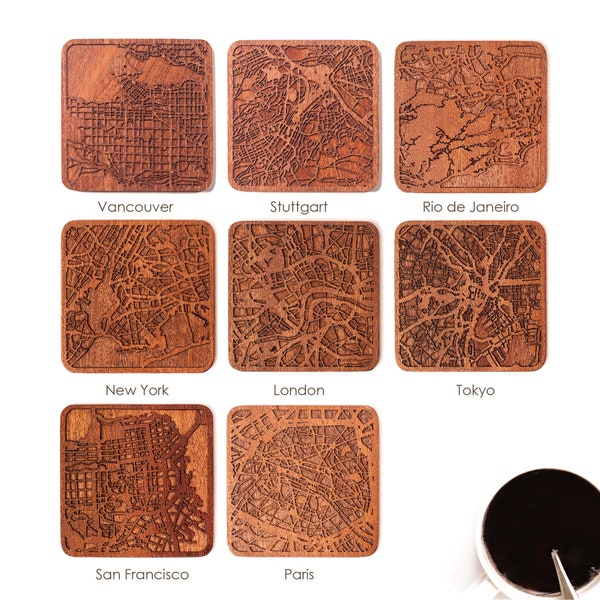 City map coasters set of 4-24, World 160 cities optional, wood unique gift ideas art  design square gift set handmade