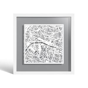 Paris Paper Cut Map Framed, White map, White Frame, 9x9 inches, Gift Boxed, 4 Background Color, self-Changing, Paper Art White map Whiteframe