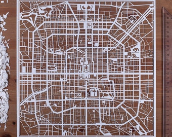 Mapa de Pekín recortado en papel, 12 x 12 pulgadas, arte en papel, REGALOS IDEALES