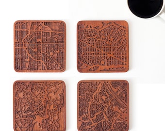 City map coaster, Free combination for Set of 4, 6, or 8,  Any Combination of Multiple city Optional, Sapele wooden coaster with city map