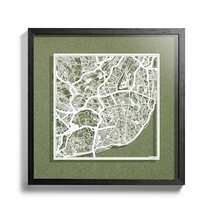 Carte de Lisbonne / Porto en papier découpé, encadrée en 3D, 40 x 50 cm, dans un coffret cadeau, 4 couleurs de fond, auto-changeables, Art du papier, CADEAUX IDÉAUX