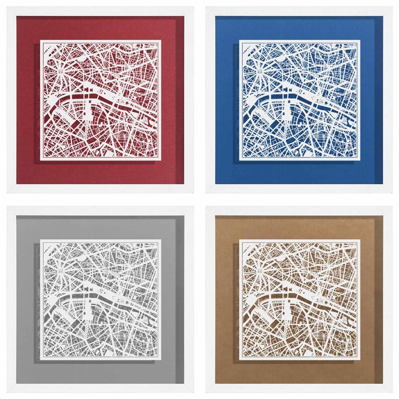 Paris Paper Cut Map Framed, White map, White Frame, 9x9 inches, Gift Boxed, 4 Background Color, self-Changing, Paper Art image 3