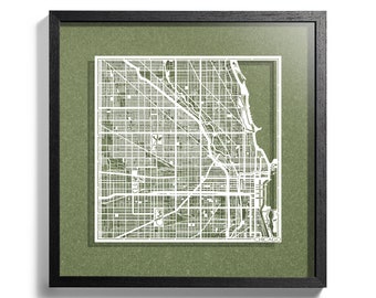Paper cut map Chicago, 3D framed 18x18 inches, Gift Boxed, 4 Background Color, self-Changing, Paper Art, IDEAL GIFTS