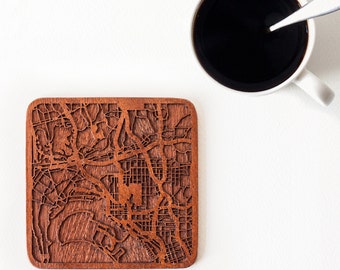 San Diego, CA map coaster, One piece, Sapele wooden coaster with city map, Multiple city optional, IDEAL GIFTS