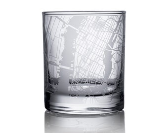 New York / Pittsburgh map whiskey glass, 10.5 oz Etching Glass