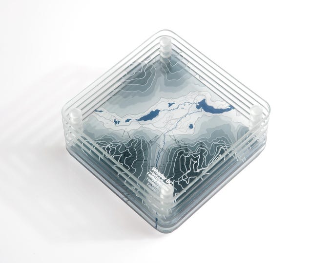 Whistler, BC 3D Contour Map Glass Drink Coasters of Mountains, Ski Resort, set of 6 with coaster holder