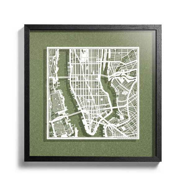 Paper cut map Manhattan, NY.  3D framed 18x18 inches, Gift Boxed, 4 Background Color, self-Changing, Paper Art, IDEAL GIFTS