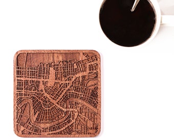 Nouvelle-Orléans carte coaster, Une pièce, Sapele en bois coaster avec carte de la ville, Ville multiple en option, IDEAL GIFTS