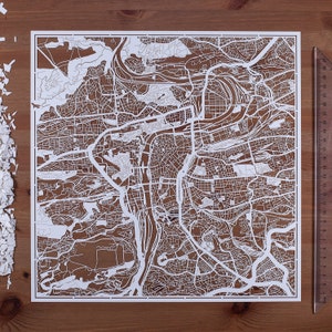 Paper cut map Prague 12×12 In. Paper Art  IDEAL GIFTS