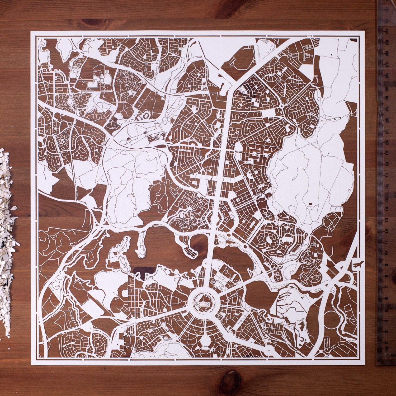 Mapa recortado de Canberra, 30 x 30 cm. Arte en papel. REGALOS IDEALES.