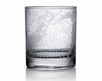 Boston map whiskey glass, 10.5 oz Etching Glass