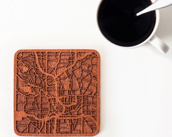 Atlanta map coaster, One piece, Sapele wooden coaster with city map, Multiple city optional, IDEAL GIFTS