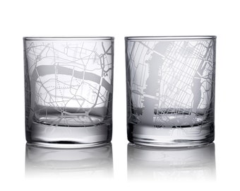 Set of 2 Map whiskey glasses, Free combination, Any Combination of Multiple city Optional, gift boxedEtching Glass