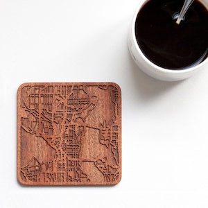 Seattle map coaster, One piece, Sapele wooden coaster with city map, Multiple city optional, IDEAL GIFTS