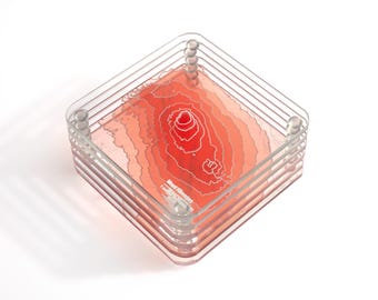 Mount Kilimanjaro, Tanzania 3D Contour Map Glass Drink Coasters of Mountains, Ski Resort, set of 6 with coaster holder