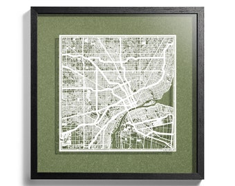 Carte découpée en papier Detroit, encadrée 3D 18x18 pouces, Coffret cadeau, 4 couleurs de fond, auto-changeant, Art papier, CADEAUX IDÉAUX