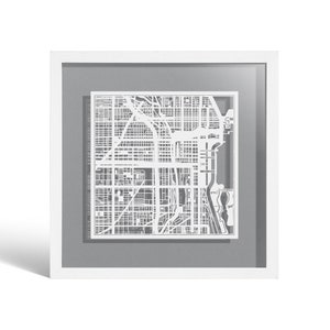 Mapa Chicago Paper Cut w ramce, biała mapa, biała rama, 9x9 cali, zapakowana w pudełko prezentowe, 4 kolory tła, samozmieniająca się, sztuka papierowa