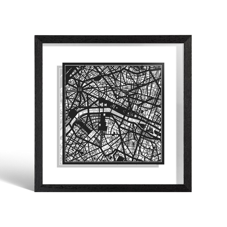 Paris Paper Cut Map Framed, White map, White Frame, 9x9 inches, Gift Boxed, 4 Background Color, self-Changing, Paper Art Black map Blackframe