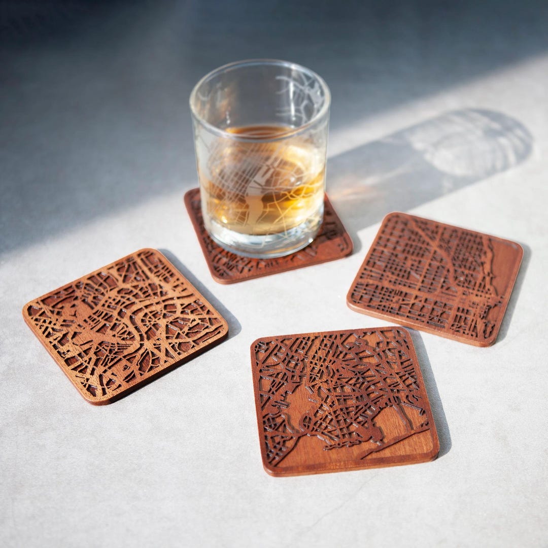 Postcode Coasters City Map Coasters Set of 4-24, World 180 Cities Optional, Wooden IDEAL ...
