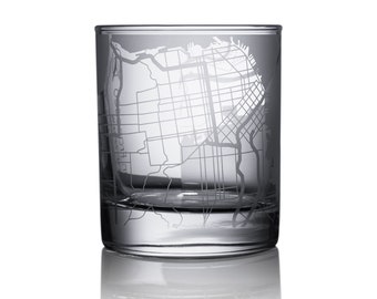 San Francisco map whiskey glass, 10.5 oz Etching Glass