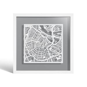 Amsterdam Paper Cut Map Framed, Carte blanche, Cadre blanc, 9x9 pouces, Gift Boxed, 4 Background Color, self-Changing, Paper Art