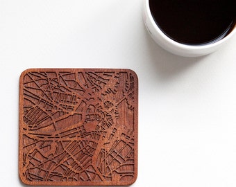 Boston map coaster, One piece, Sapele wooden coaster with city map, Multiple city optional, IDEAL GIFTS