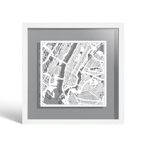 New York Paper Cut Kaart Ingelijst, Witte kaart, Wit Frame, 9x9 inch, Gift Boxed, 4 Achtergrond kleur, zelfveranderend, Papier Kunst